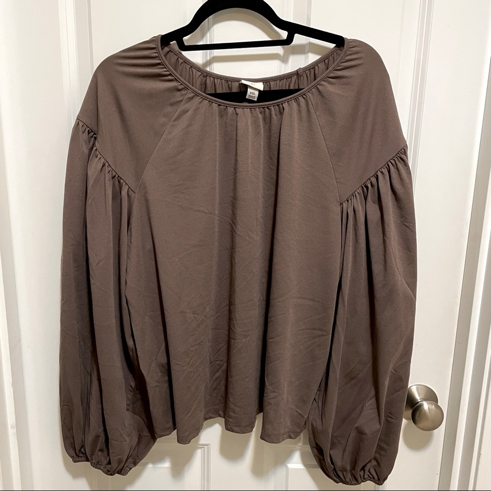 A New Day puff sleeve blouse, taupe, purple, mushroom, boho, cottage core, plus